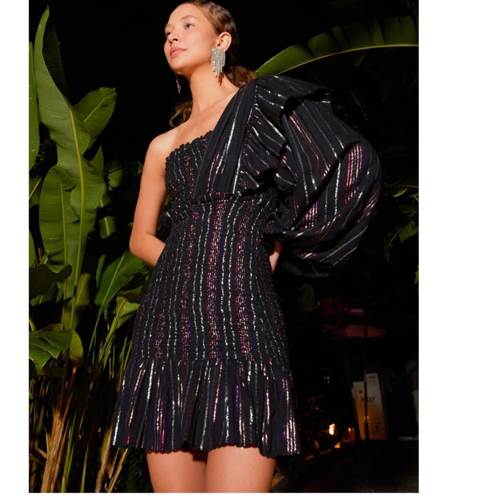 Farm Rio Lurex Stripe Mini Dress one shoulder metallic